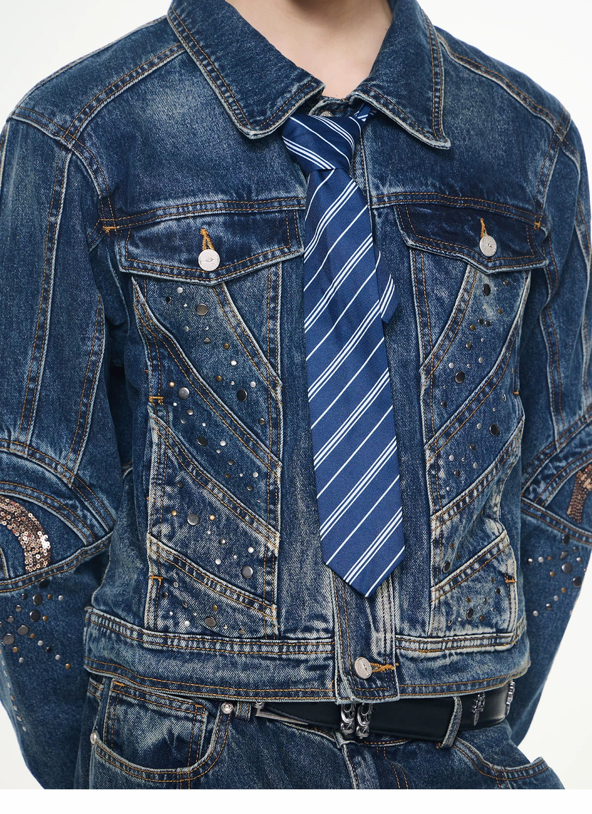 【26s Apr.】Distressed Studded Sequin Denim Set