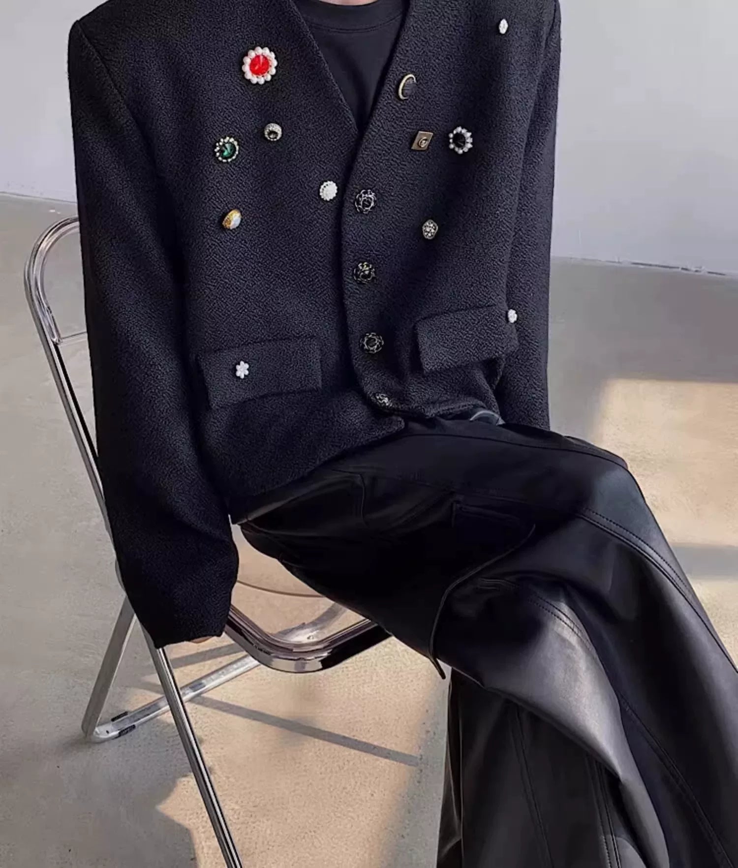 Black Collarless Button-Detail Cropped Jacket