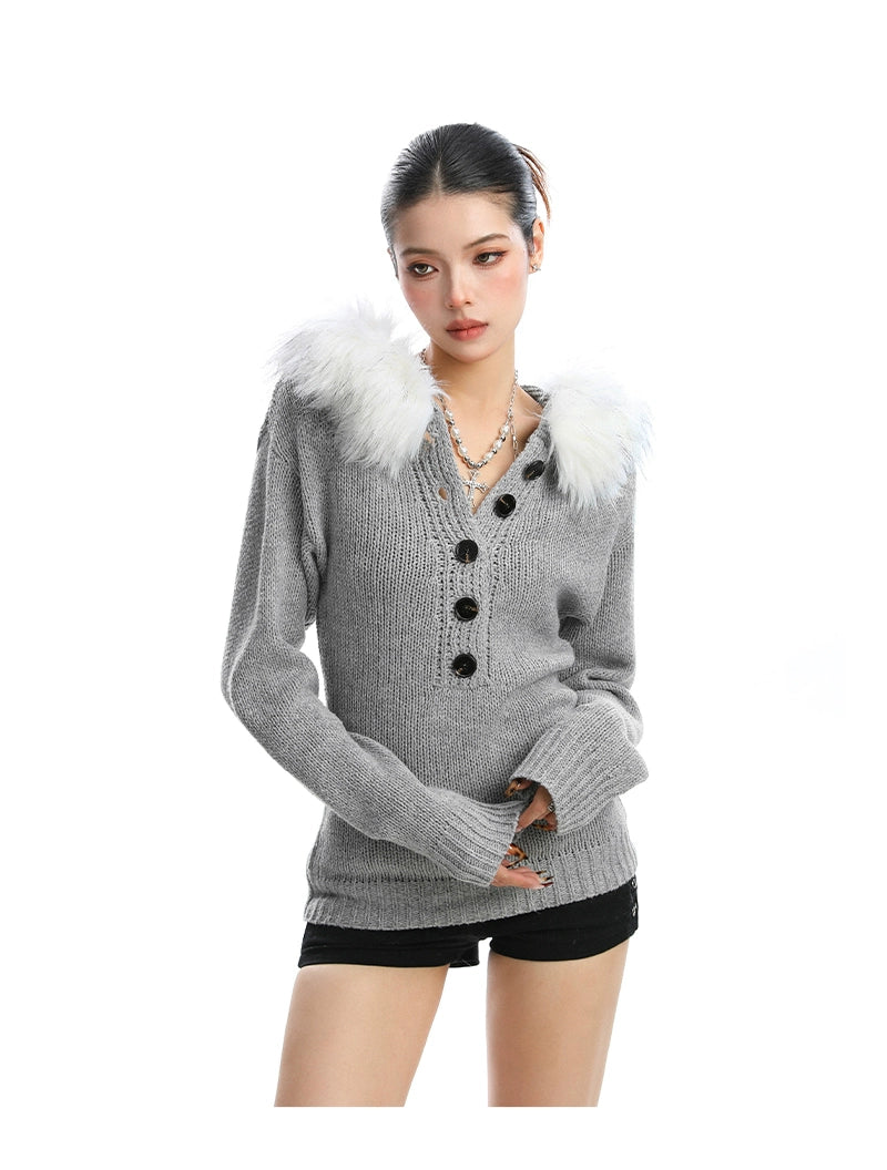 【25s Nov.】Detachable Fur Collar Henley Collar Sweater