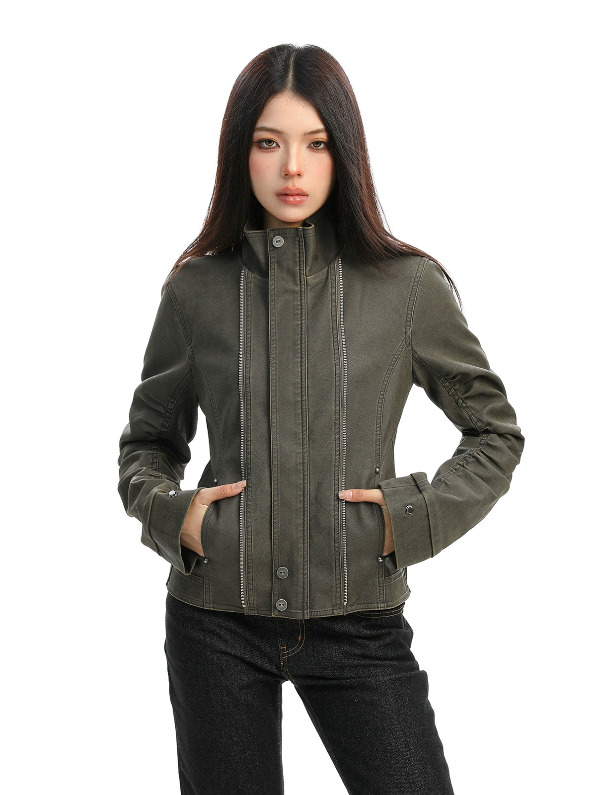 【25s Dec.】Washed Distressed Stand-up Collar Deconstructed Leather Jacket