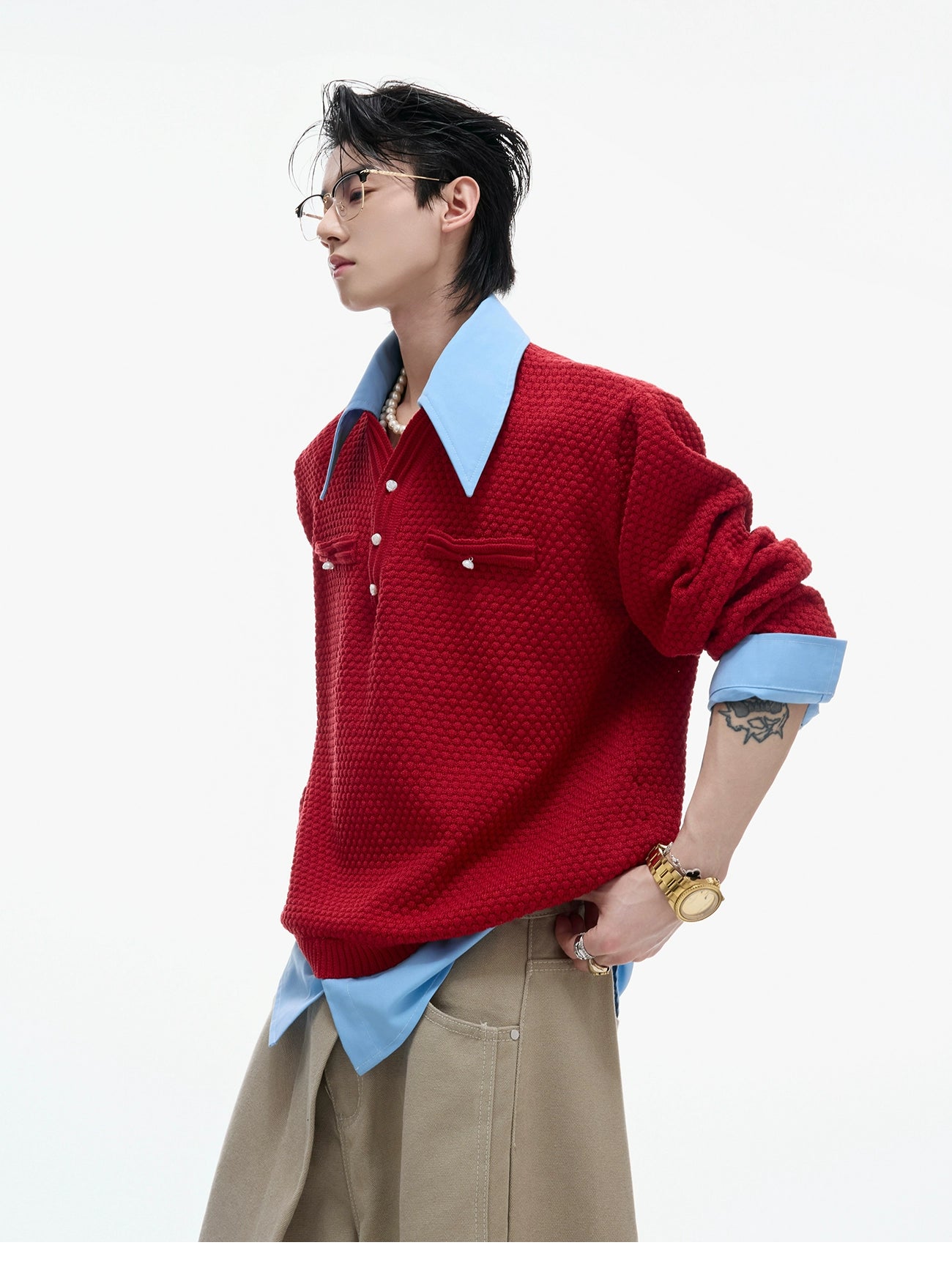 【25s Sep.】Textured Mock Two-piece Shirt Stitching Sweater