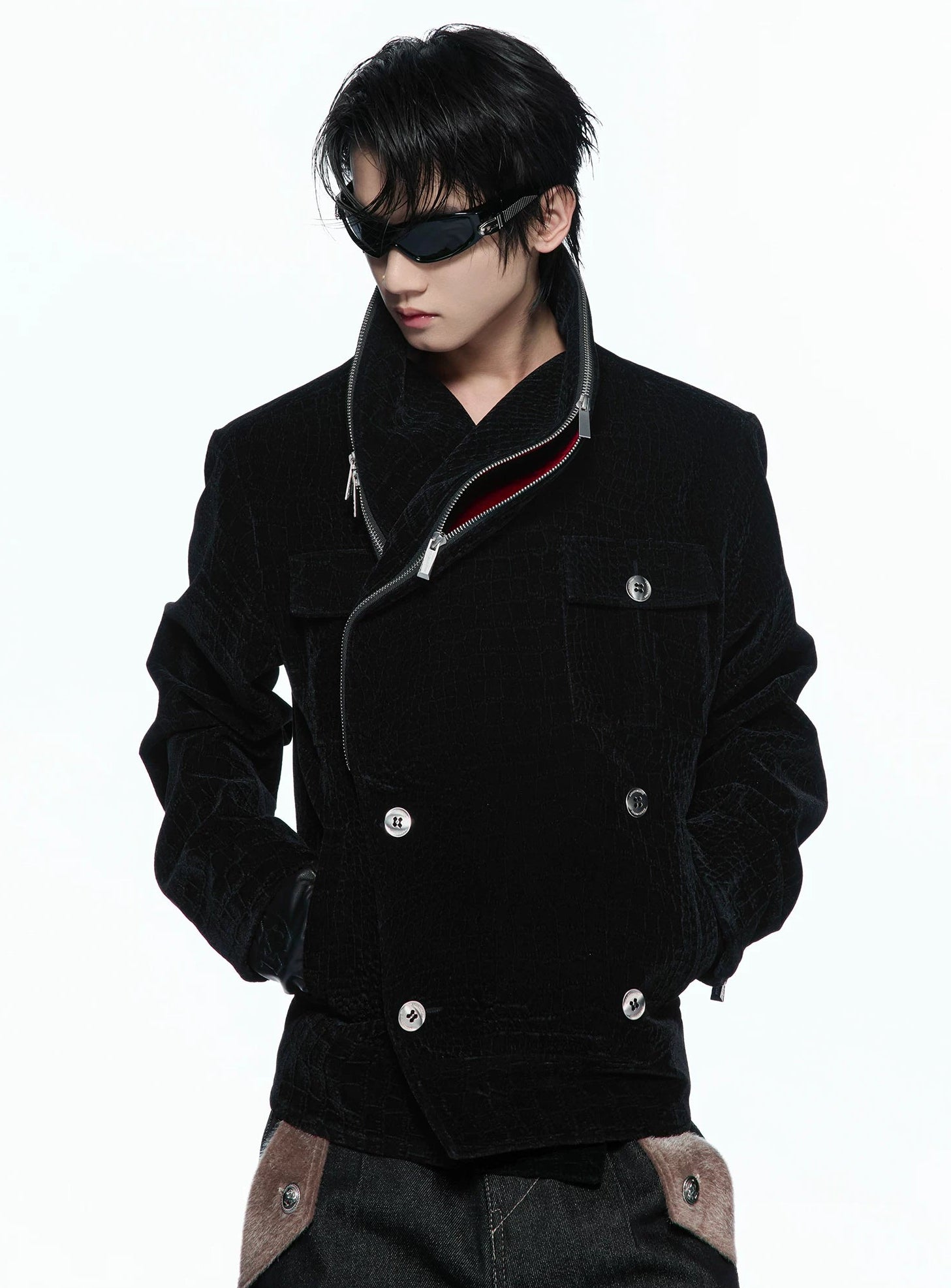 Custom Suede Crocodile Texture Slim Asymmetric Zip Jacket