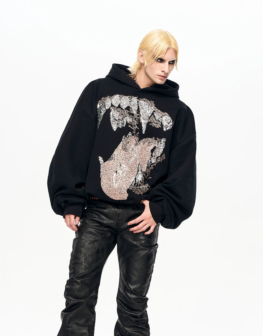 【25s Nov.】Batwing Sleeve Fang Sequined Letter Embroidered Hoodie