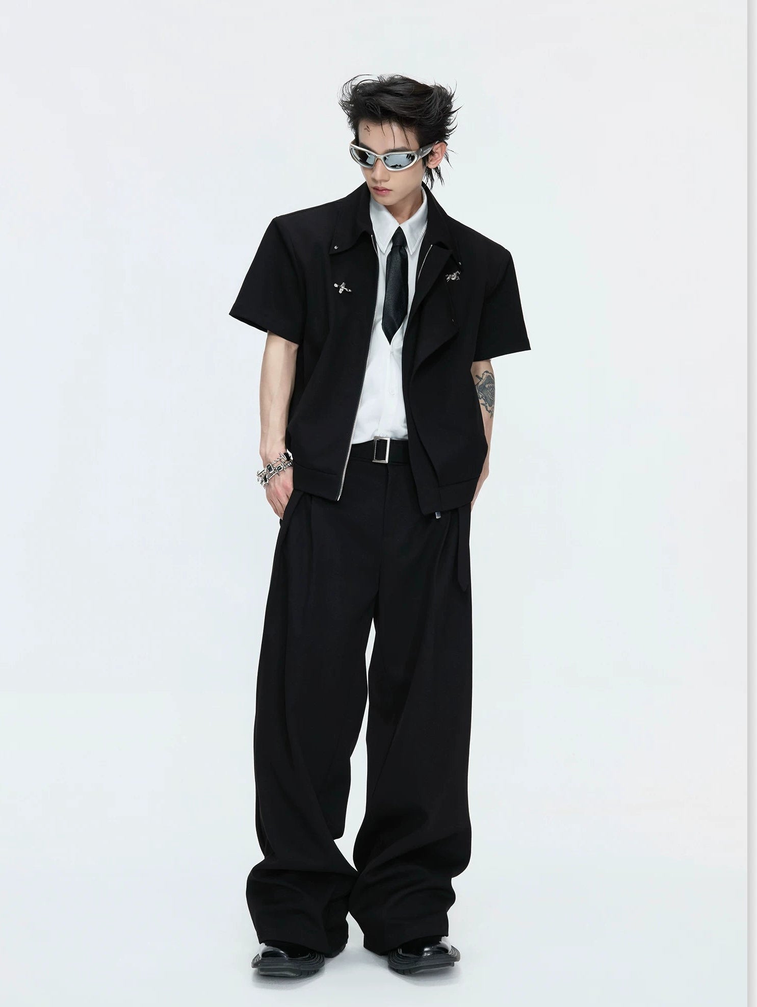 【26s May】Asymmetric Layered Cropped Shoulder Jacket Set