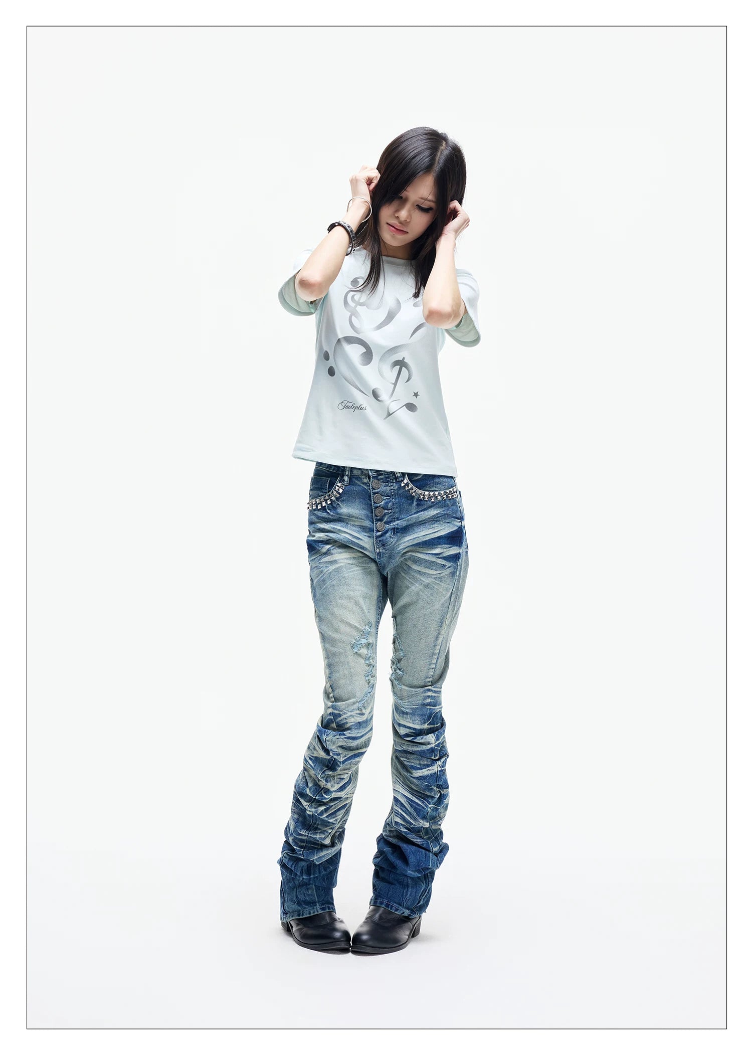 Ice Blue Studded Curved Skinny Jeans