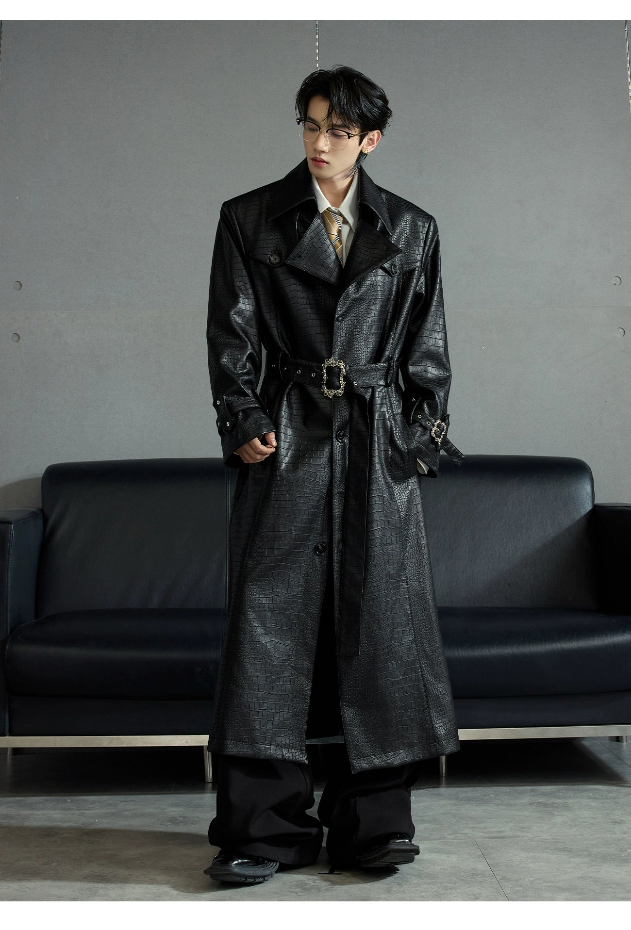 【25s Sep.】Deconstructed Crocodile-effect Metal Buttons Leather Coat