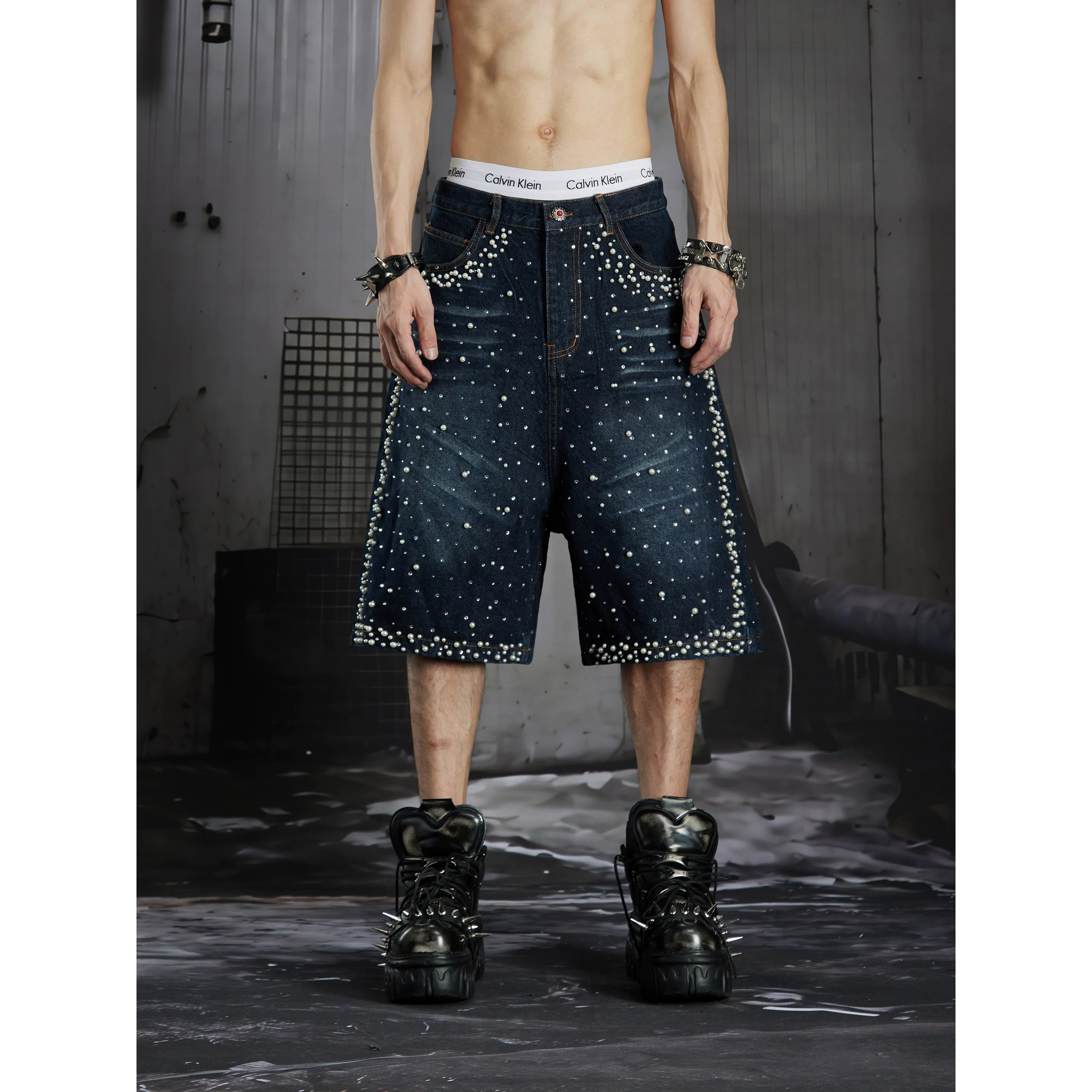 Distressed Studded Denim Cropped Shorts