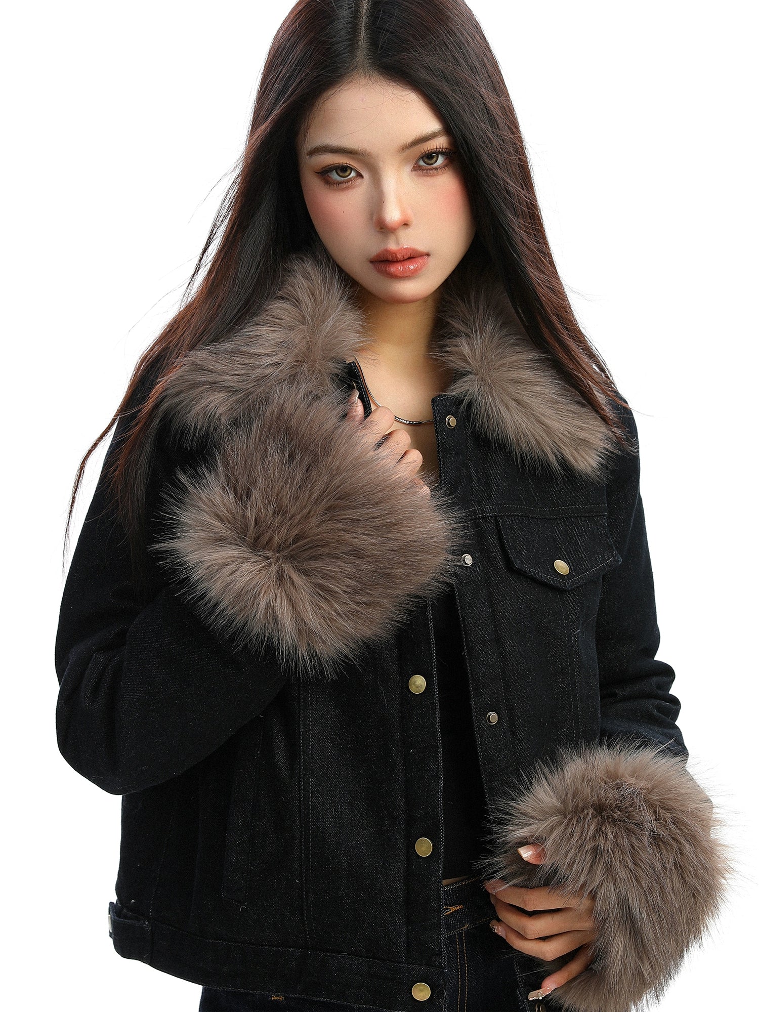 【25s Dec.】Fur-trimmed Denim Cotton Jacket