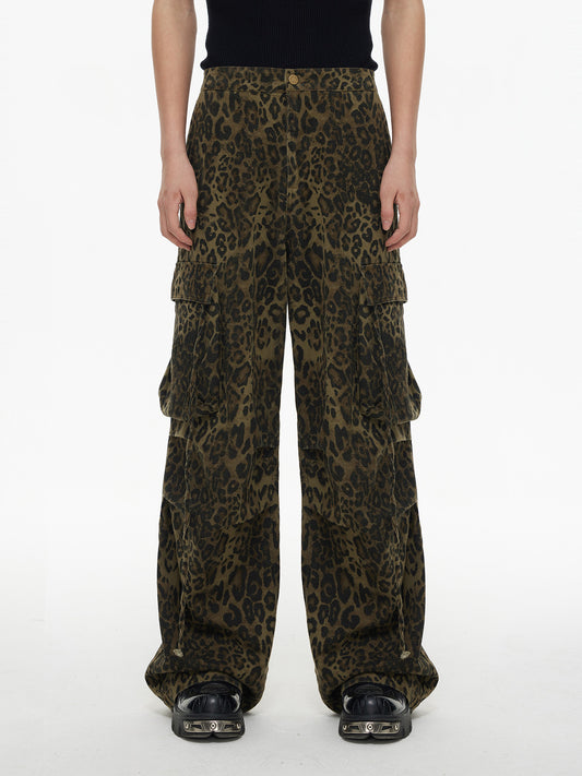 【25s Mar.】Vintage Multi-Pocket Loose Leopard Print Straight Pants