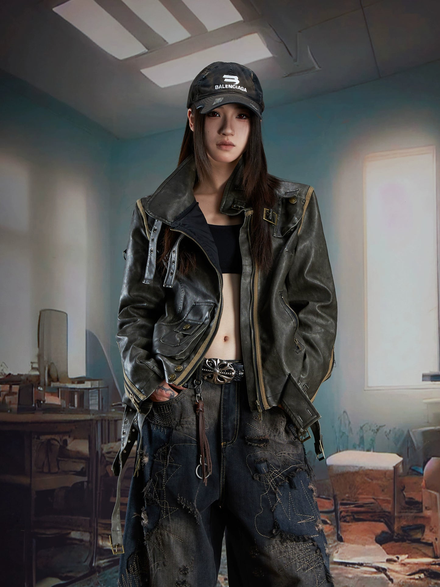 Deconstructed Patchwork Stand-up Collar Rubbed Distressed Jacket