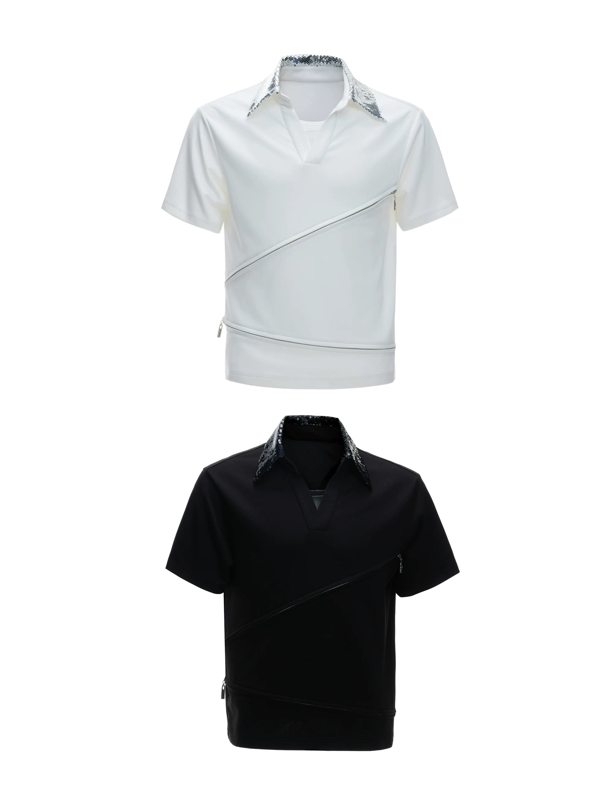 Asymmetric Zip Sequin Polo Tee