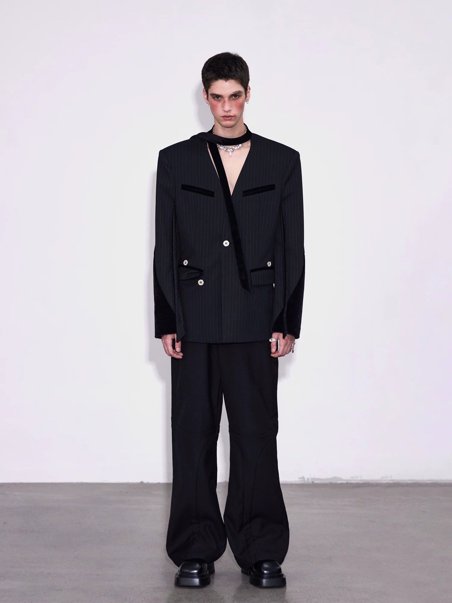 【26s Apr.】Deconstructed Stripe Panel V-Neck Tailored Jacket