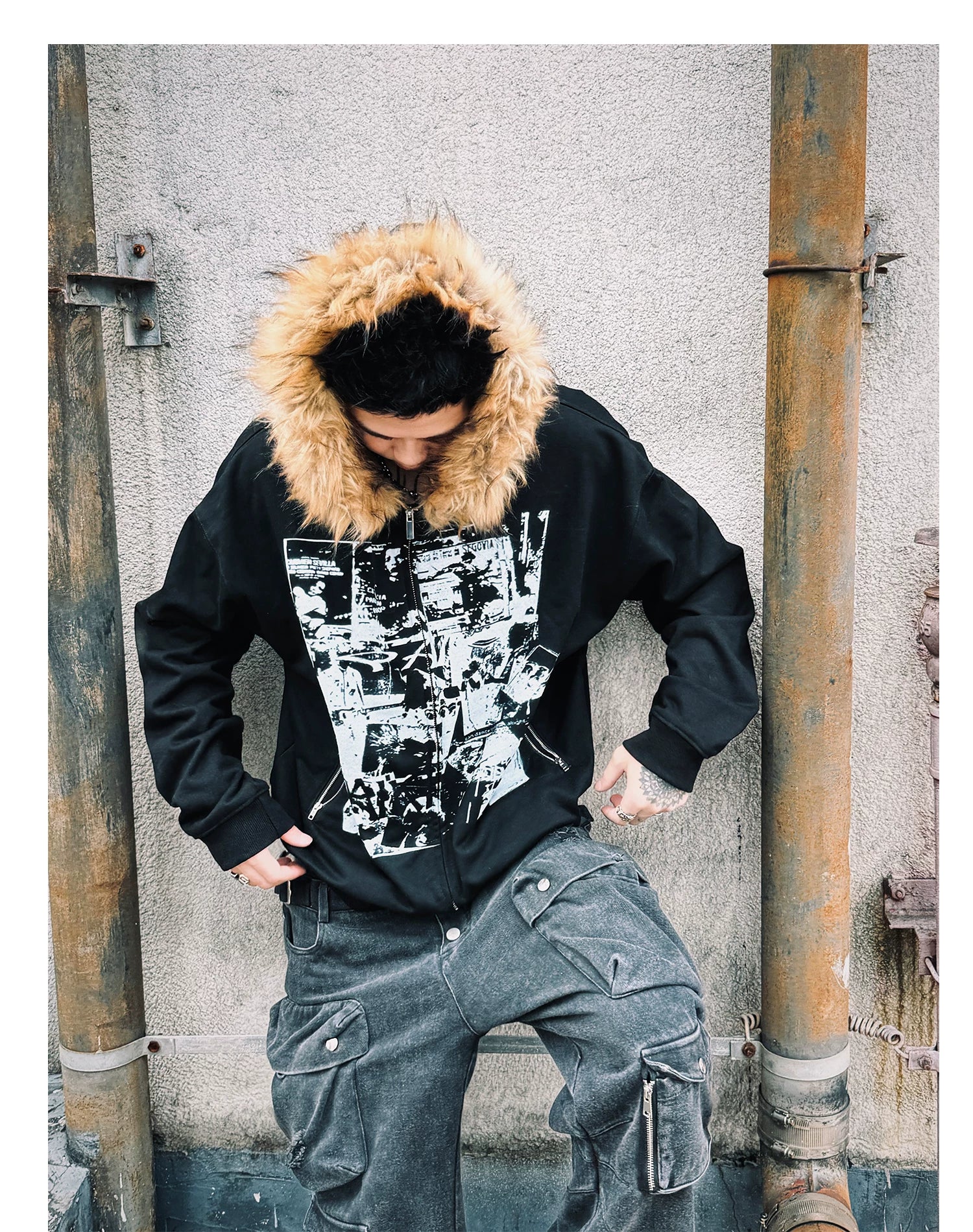 【26s Jan.】Vintage Printed Fur-Trim Zip-Up Hoodie Jacket