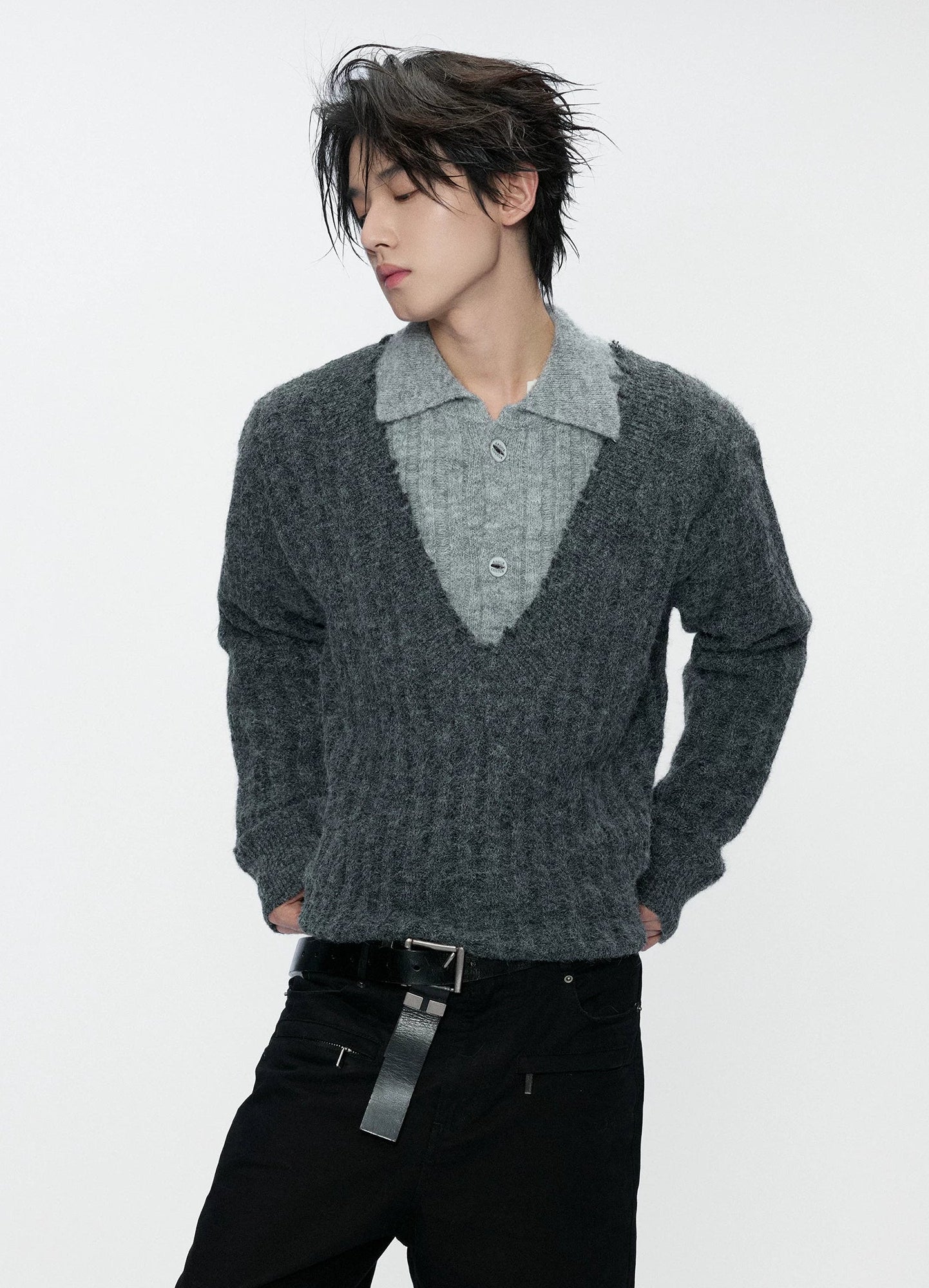 Double Collar Contrast Ribbed Wool Sweater