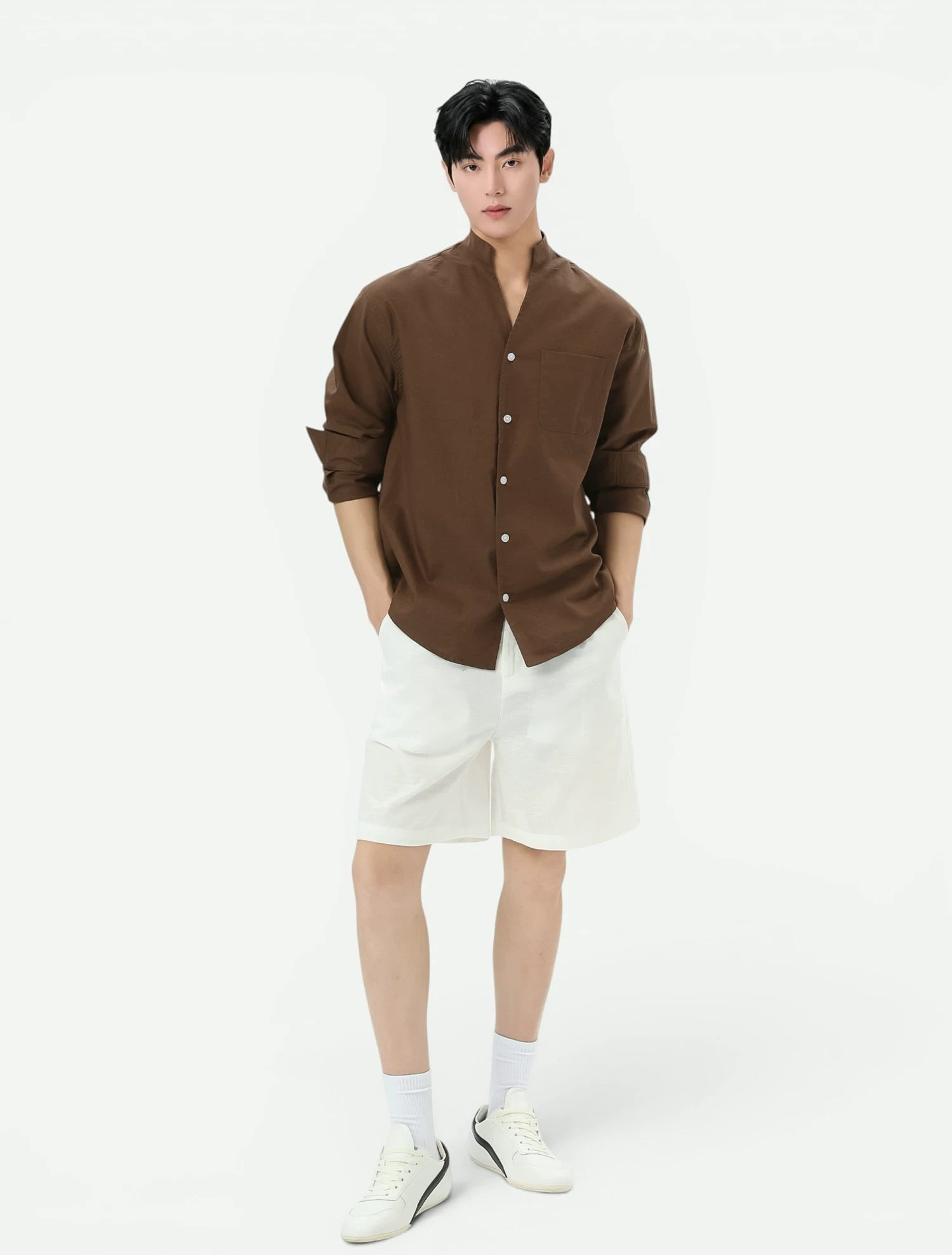 Stand Collar Linen-Texture Shirt