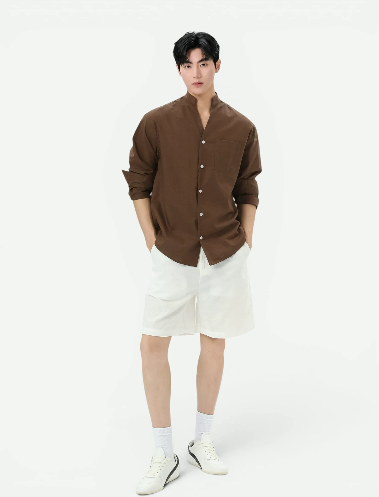 Stand Collar Linen Clean Fit Shirt