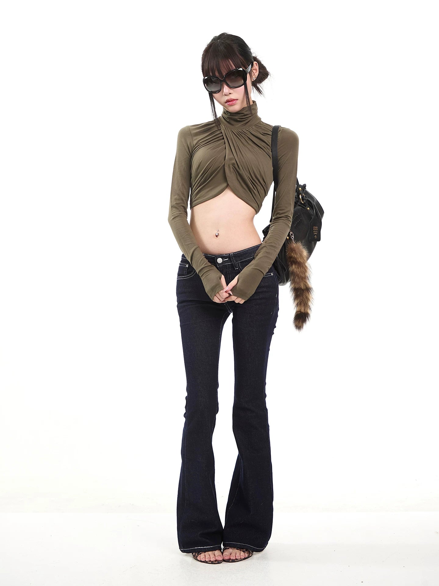 【26s Feb.】Army Green High-Neck Ruched Slim Cropped Top