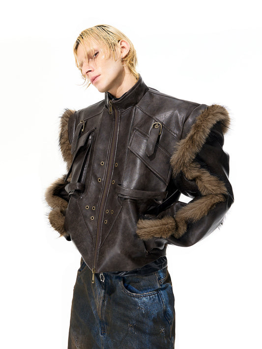 Vintage Color Matching Plush Short Leather Jacket