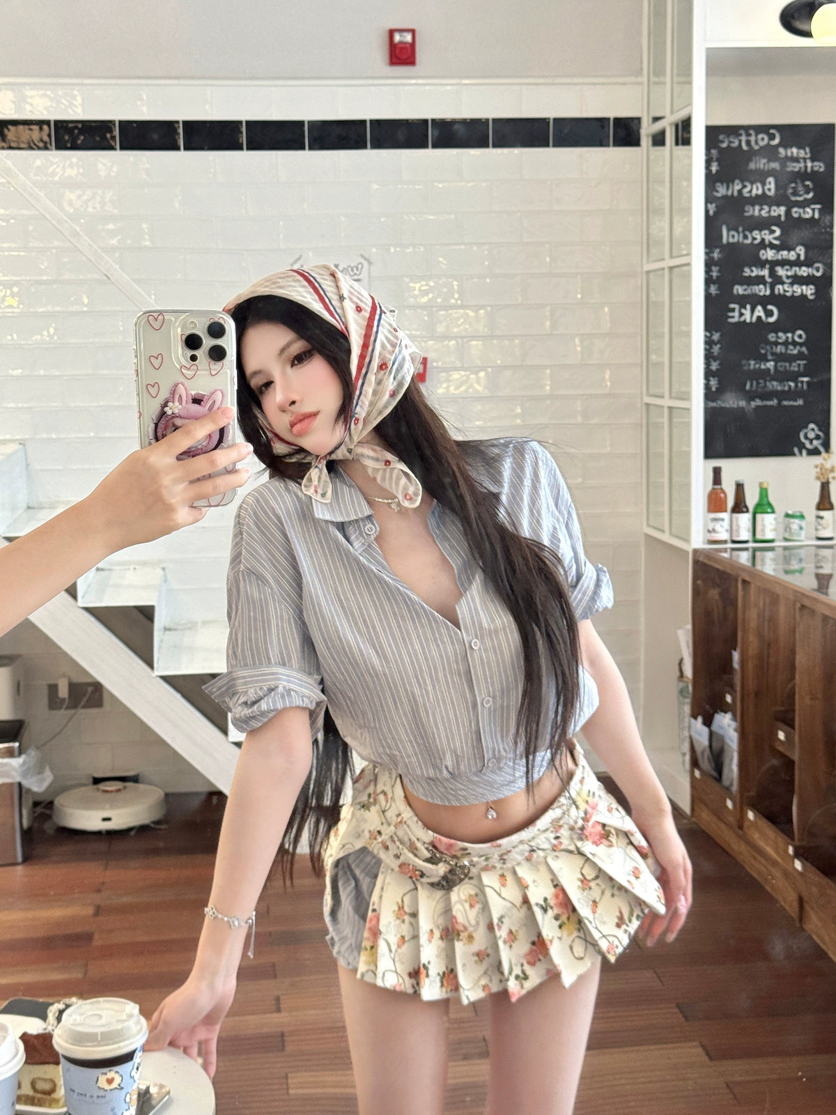 【25s Jul.】Striped Shirt Top / Pleated Mini Skirt