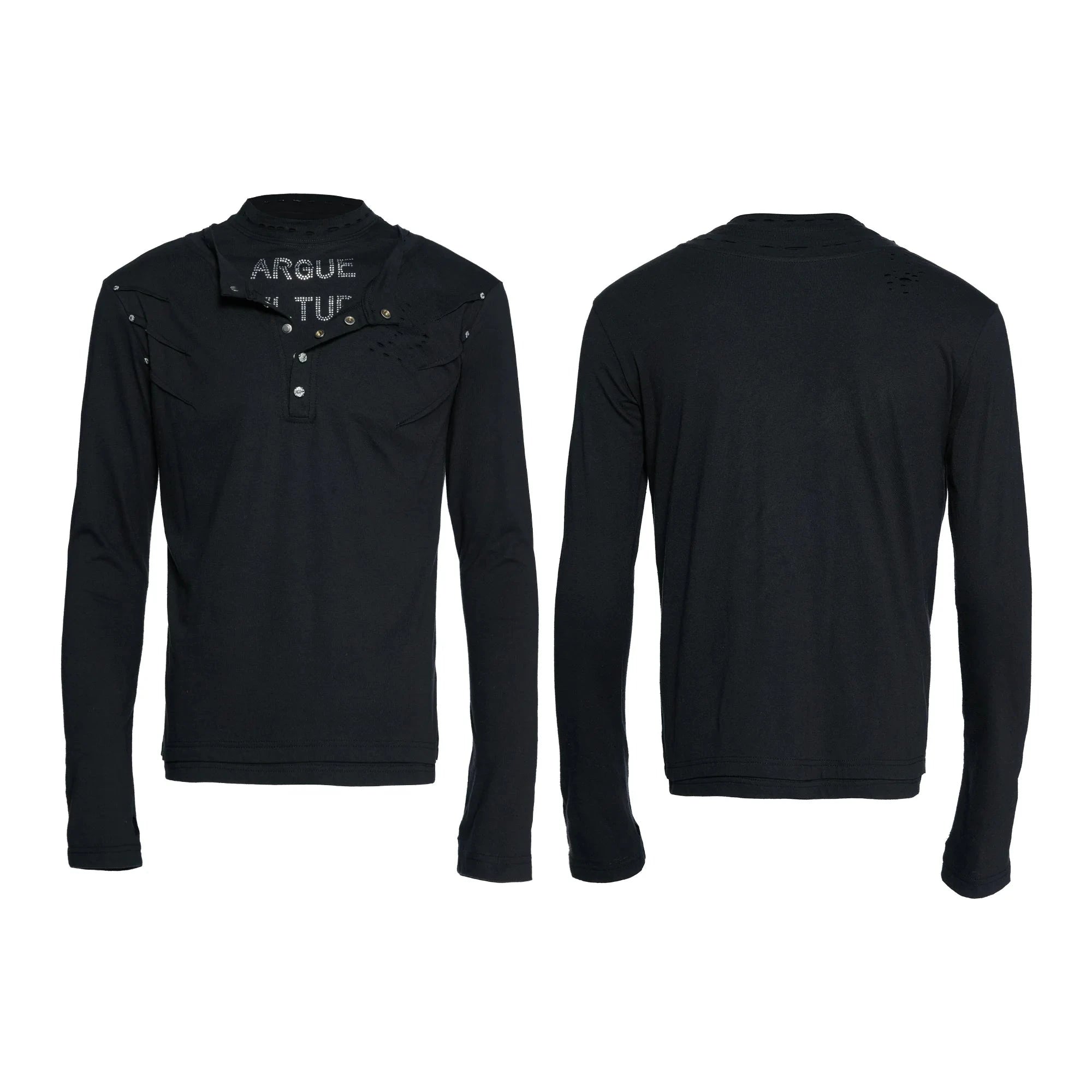 Hand-Distressed Layered Henley Long Sleeve Top