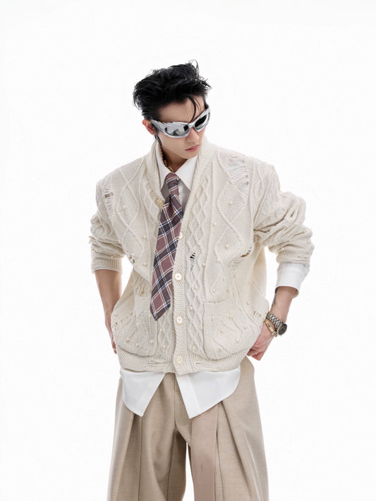 【25s Aug.】Pearl Detail Knit Hollow-Out Cardigan