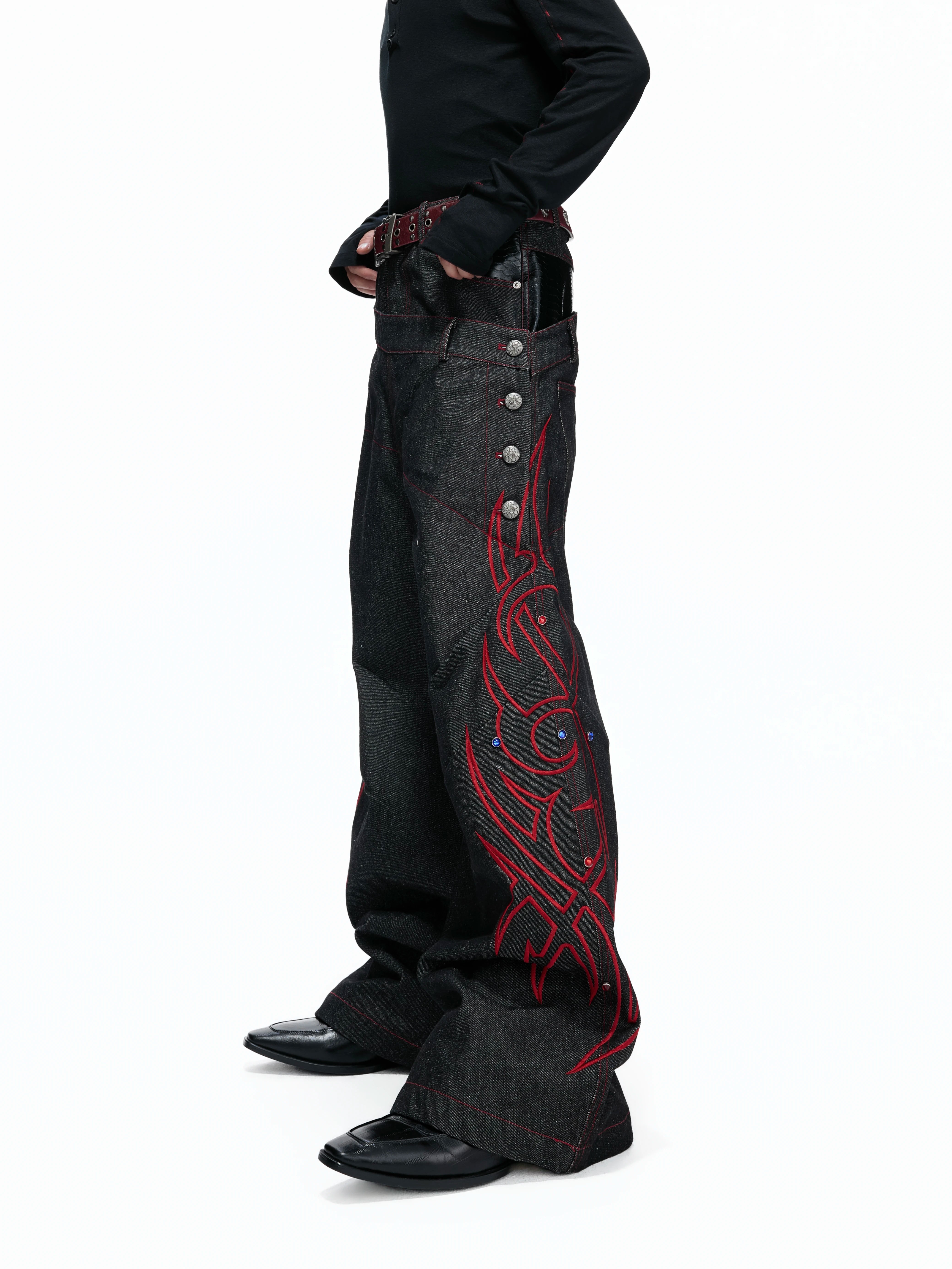 Black Red Raw Denim Embellished Jeans