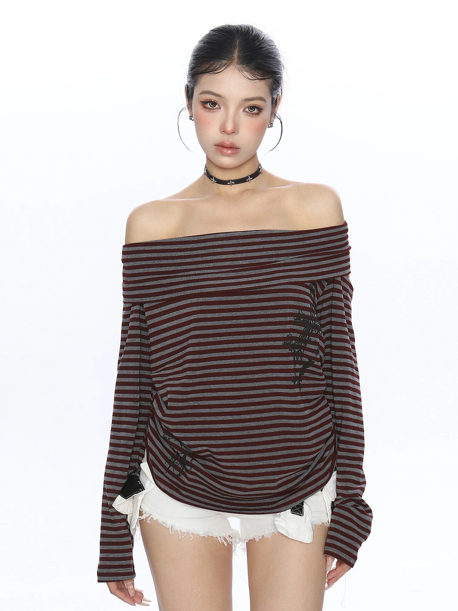 【26s May】Cross Stripe Halter Draped Long Sleeve Top