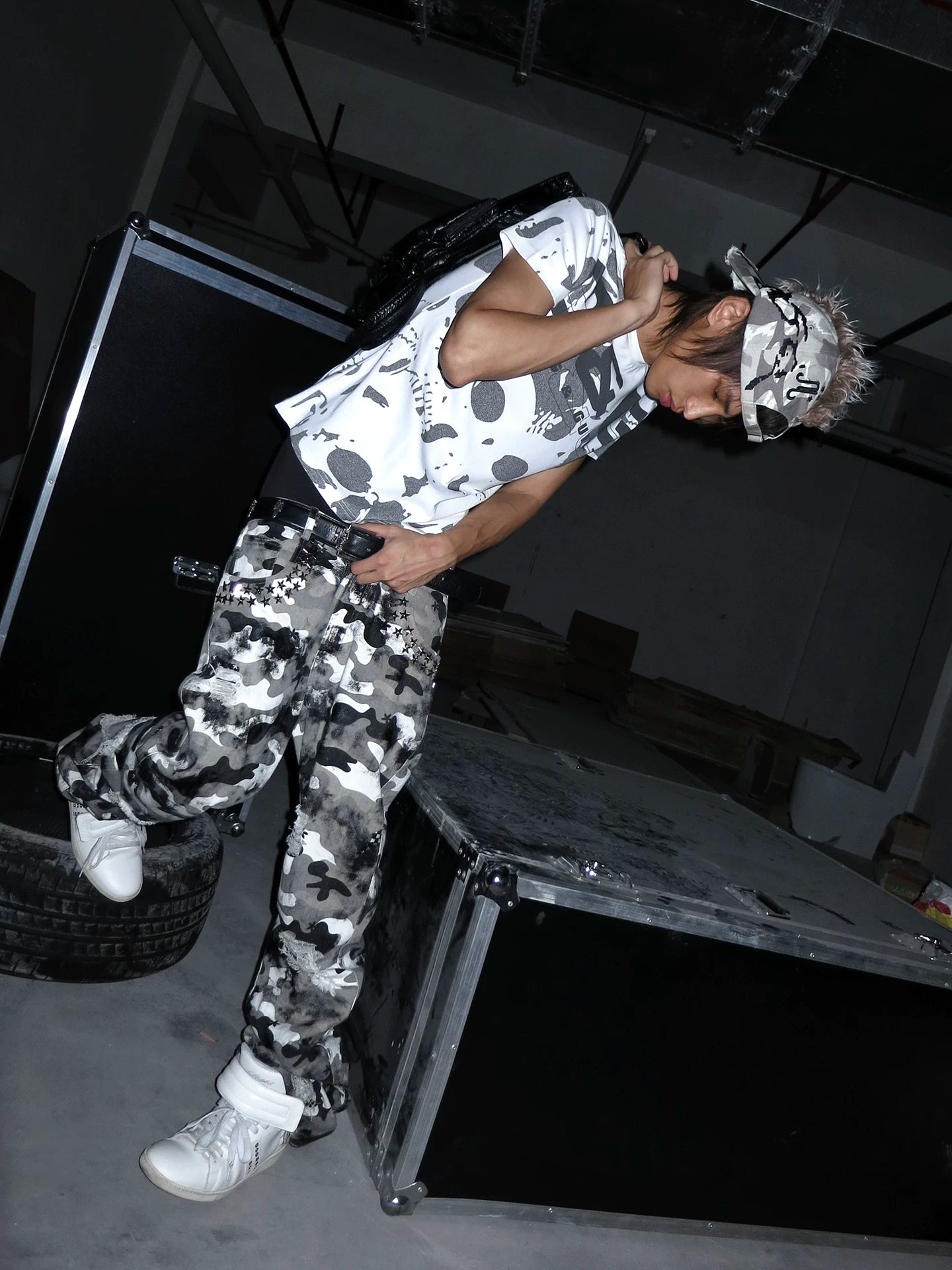 Waxed Camo Curved Flared Pants