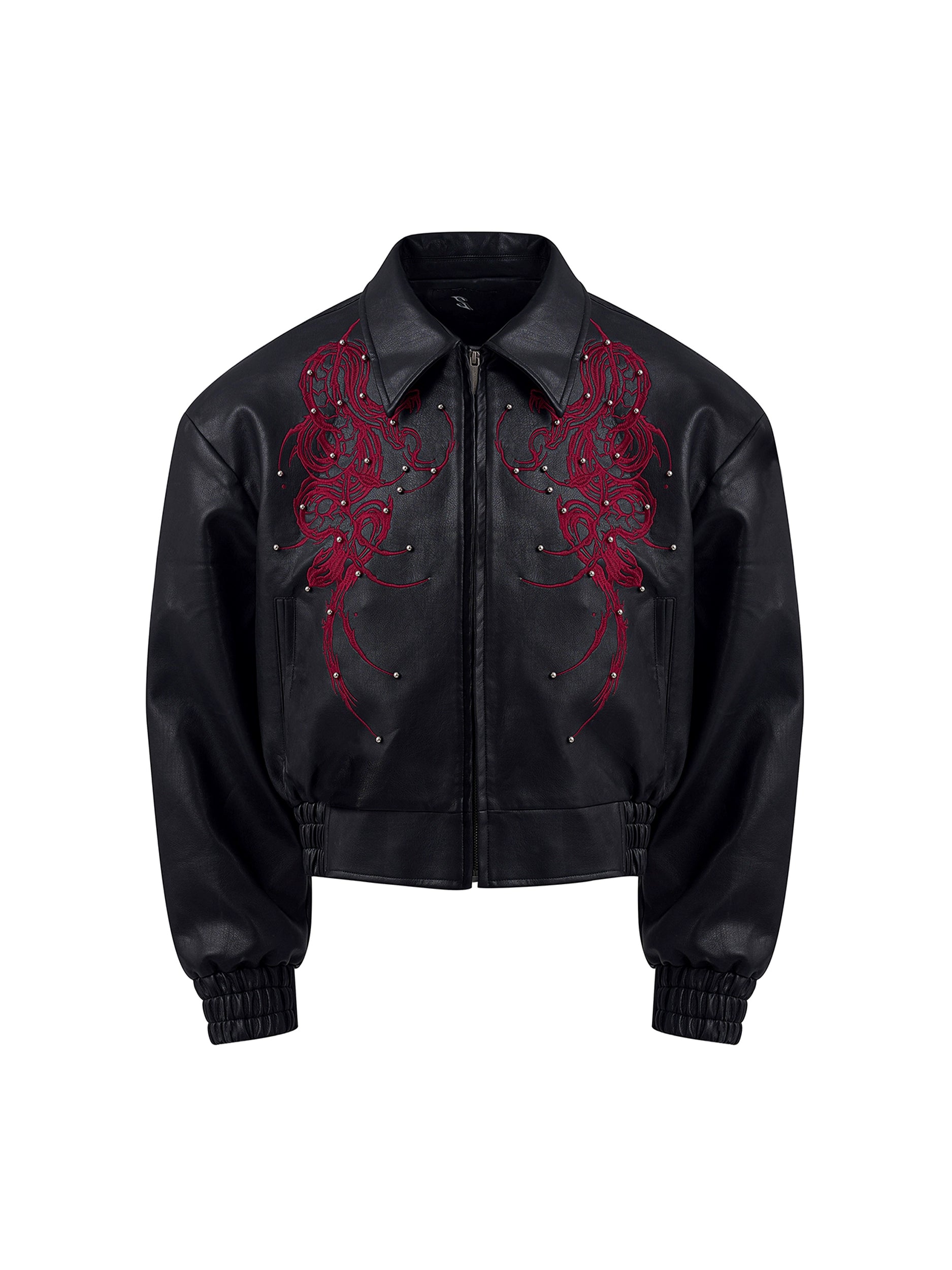 【25s Sep.】Cropped Faux Leather Jacket with Thorn Embroidery
