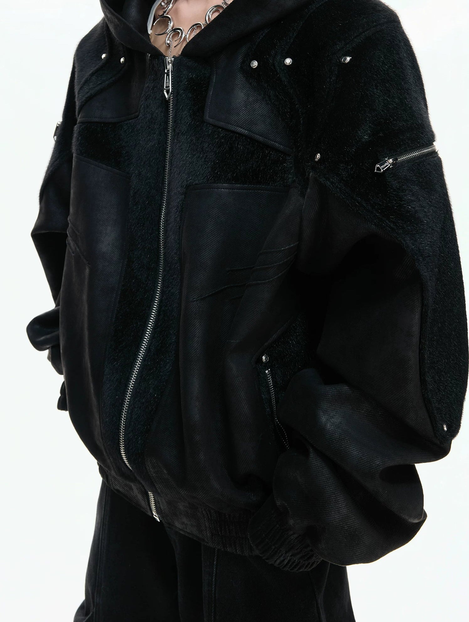 【26s Feb.】Matte Waxed Deconstructed Horsehair Hooded Leather Jacket