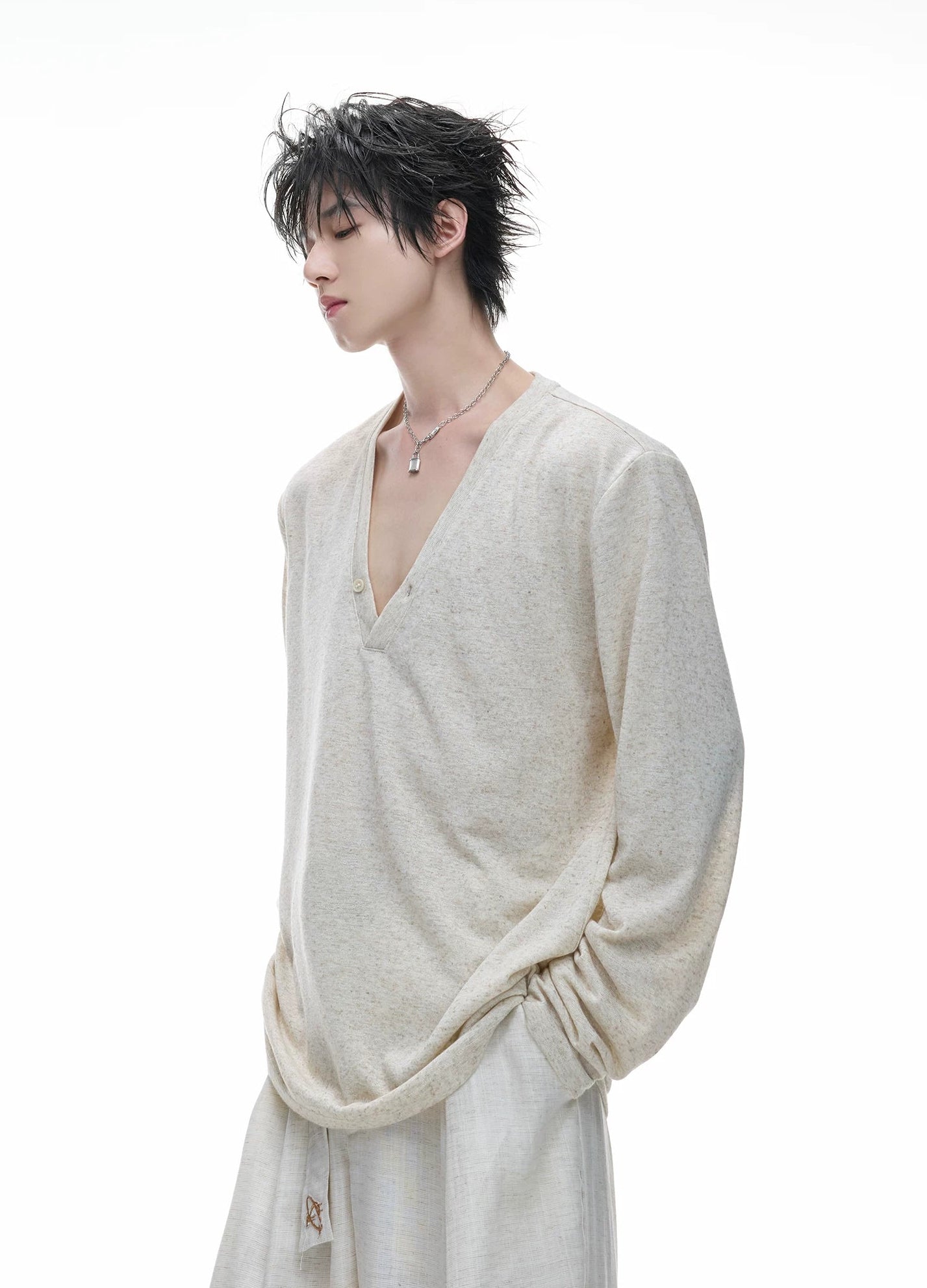 Deep V-Neck Relaxed Long Sleeve Tee