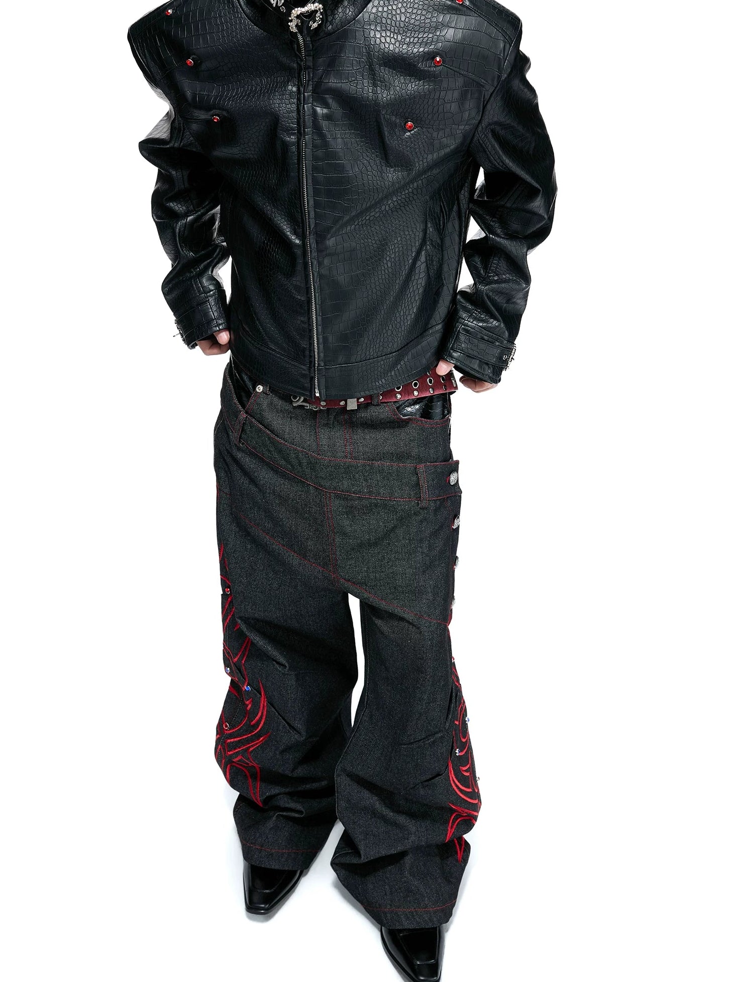 Black Red Raw Denim Embellished Jeans