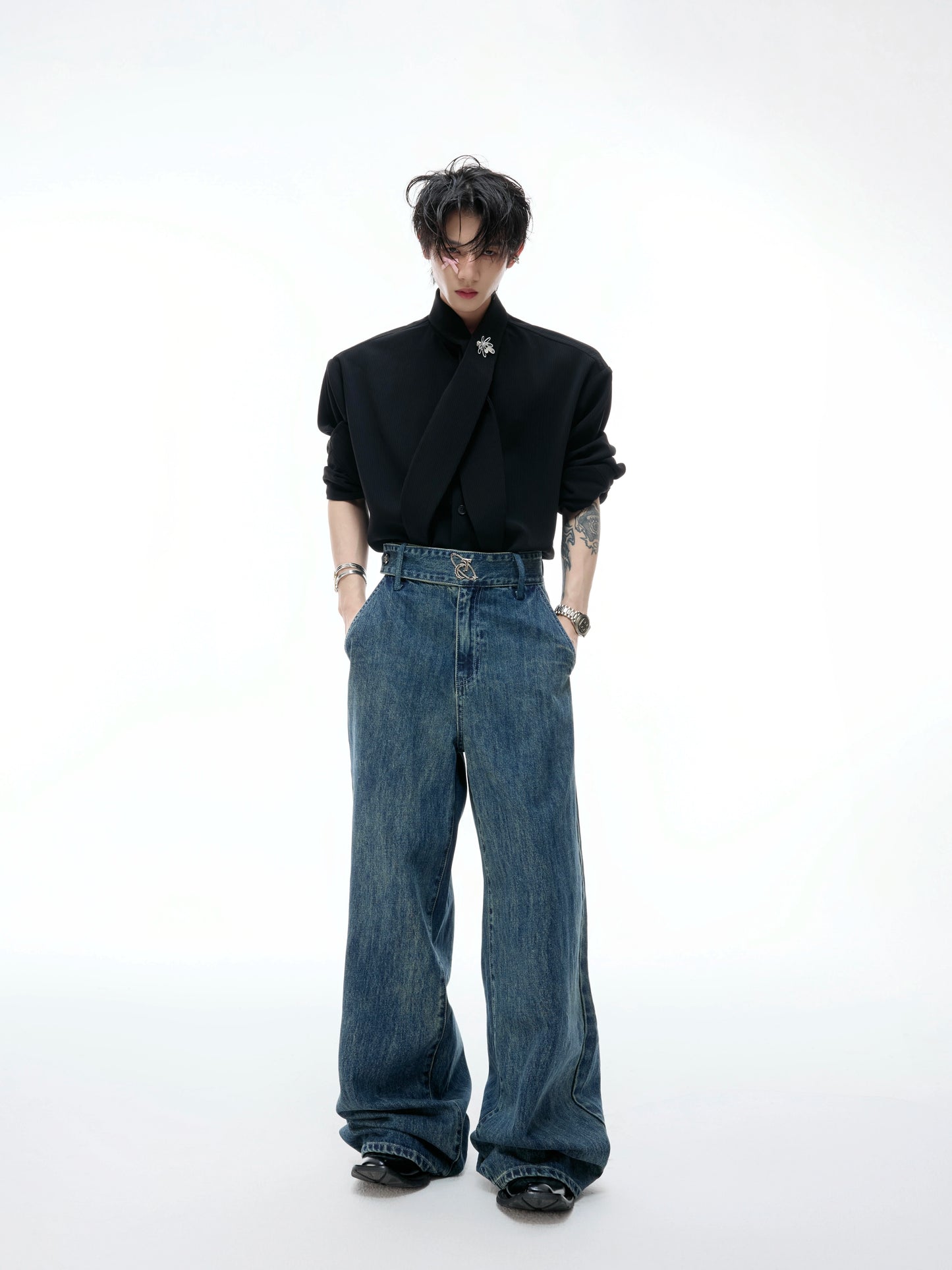 【25s Aug.】Washed Distressed Draped Ribbon Loose-Fit Jeans