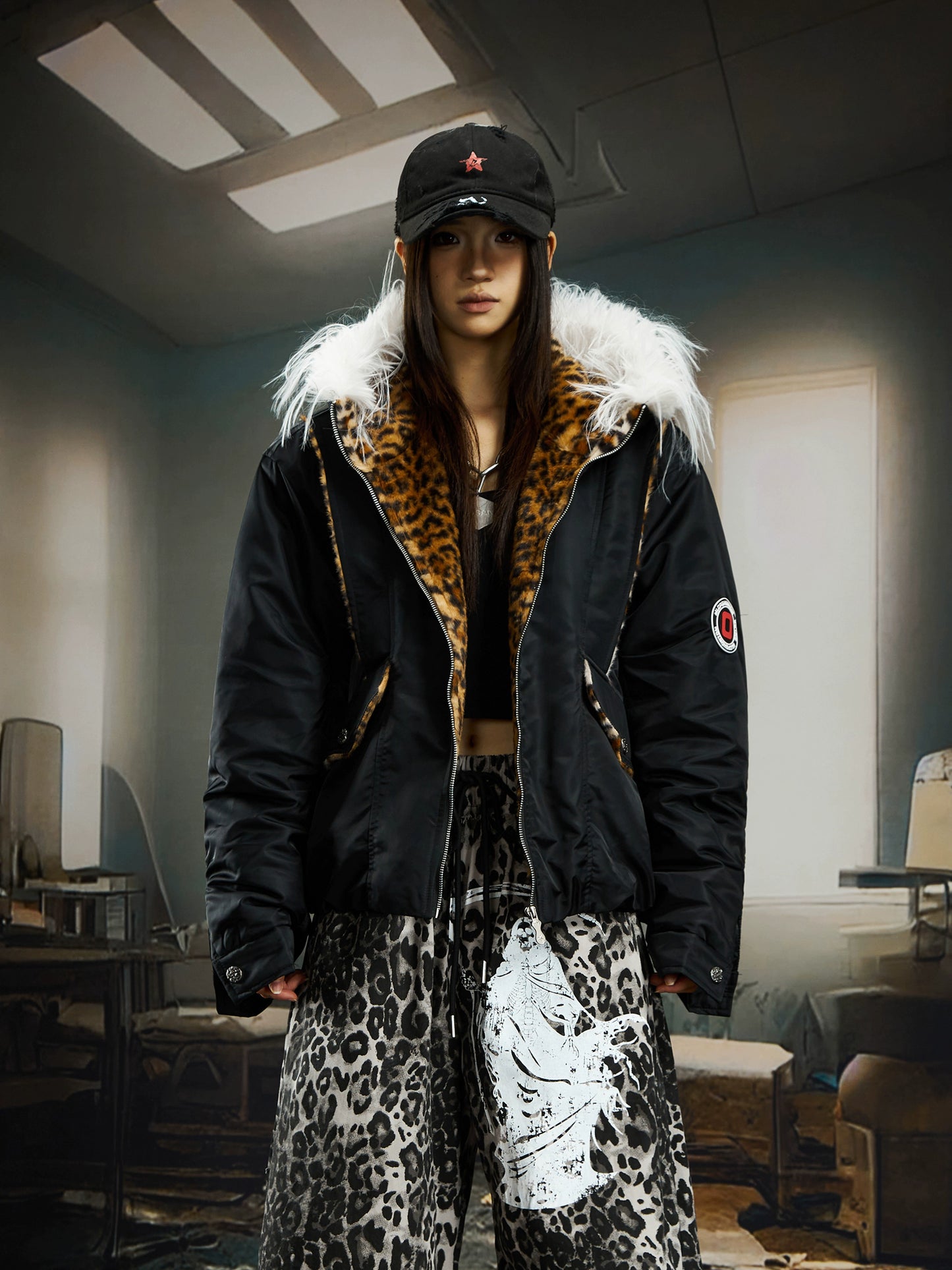 【25s Dec.】Leopard Print Patchwork Long Fur Hooded Jacket