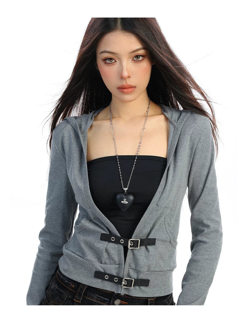 【26s Feb.】Leather Buckle V-Neck Hooded Long-Sleeve Cardigan Top