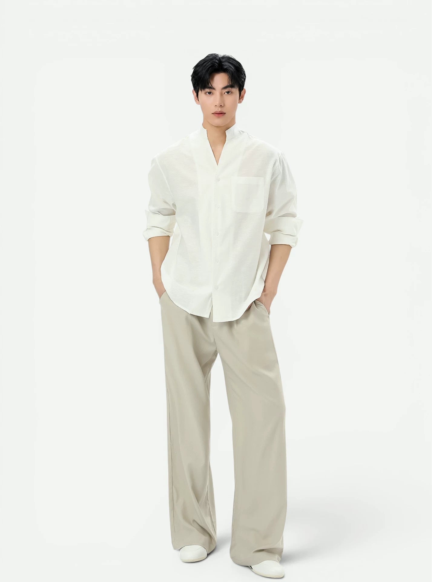 Stand Collar Linen Clean Fit Shirt