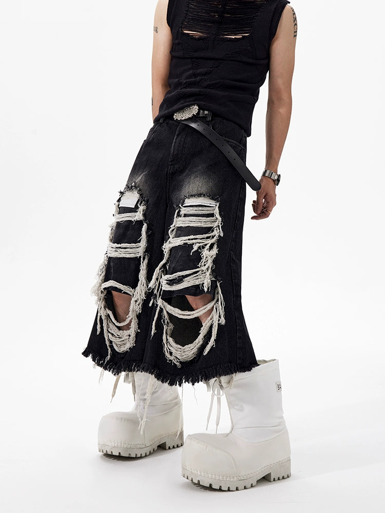 【25s Jul.】Distressed Patchwork Black Cropped Denim Pants