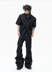 【26s Apr.】Horseshoe-Buckle Ruched Short-Sleeve Denim Jacket / Jeans