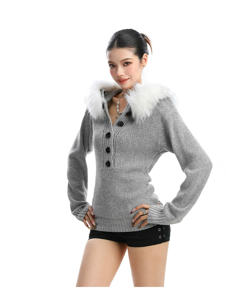 【25s Nov.】Detachable Fur Collar Henley Collar Sweater