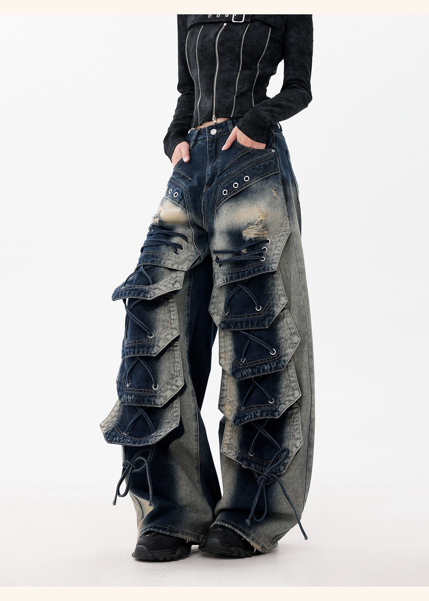 【25s Dec.】Distressed Patchwork Punk Wasteland Style Jeans