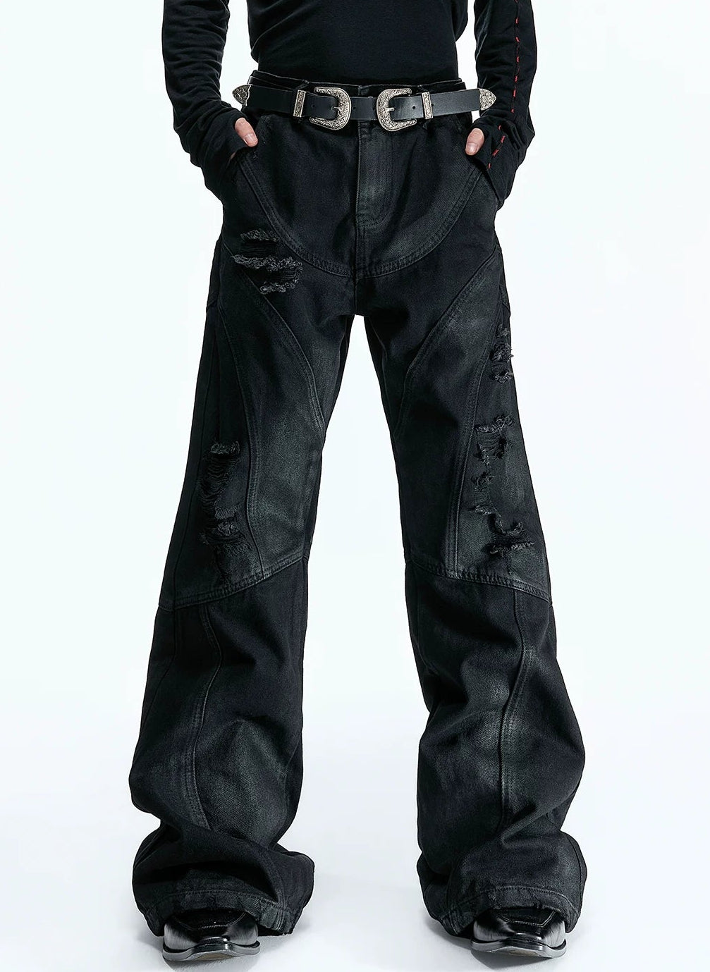 Deconstructed Wax Coated Flared Jeans