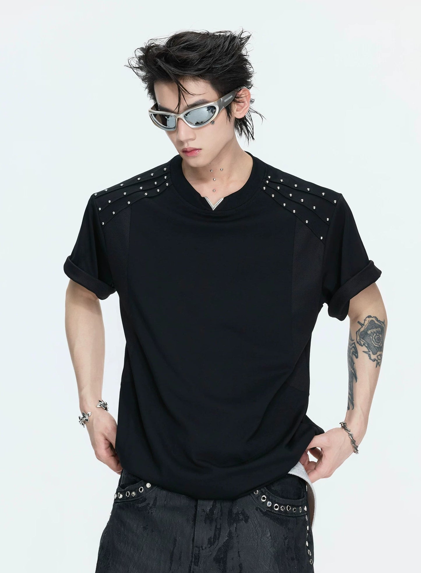 【26s May】Pleated Studded Boxy V-Neck Mesh Lined Tee