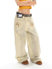 【25s May.】Grunge Wash Embroidered Wide Leg Jeans