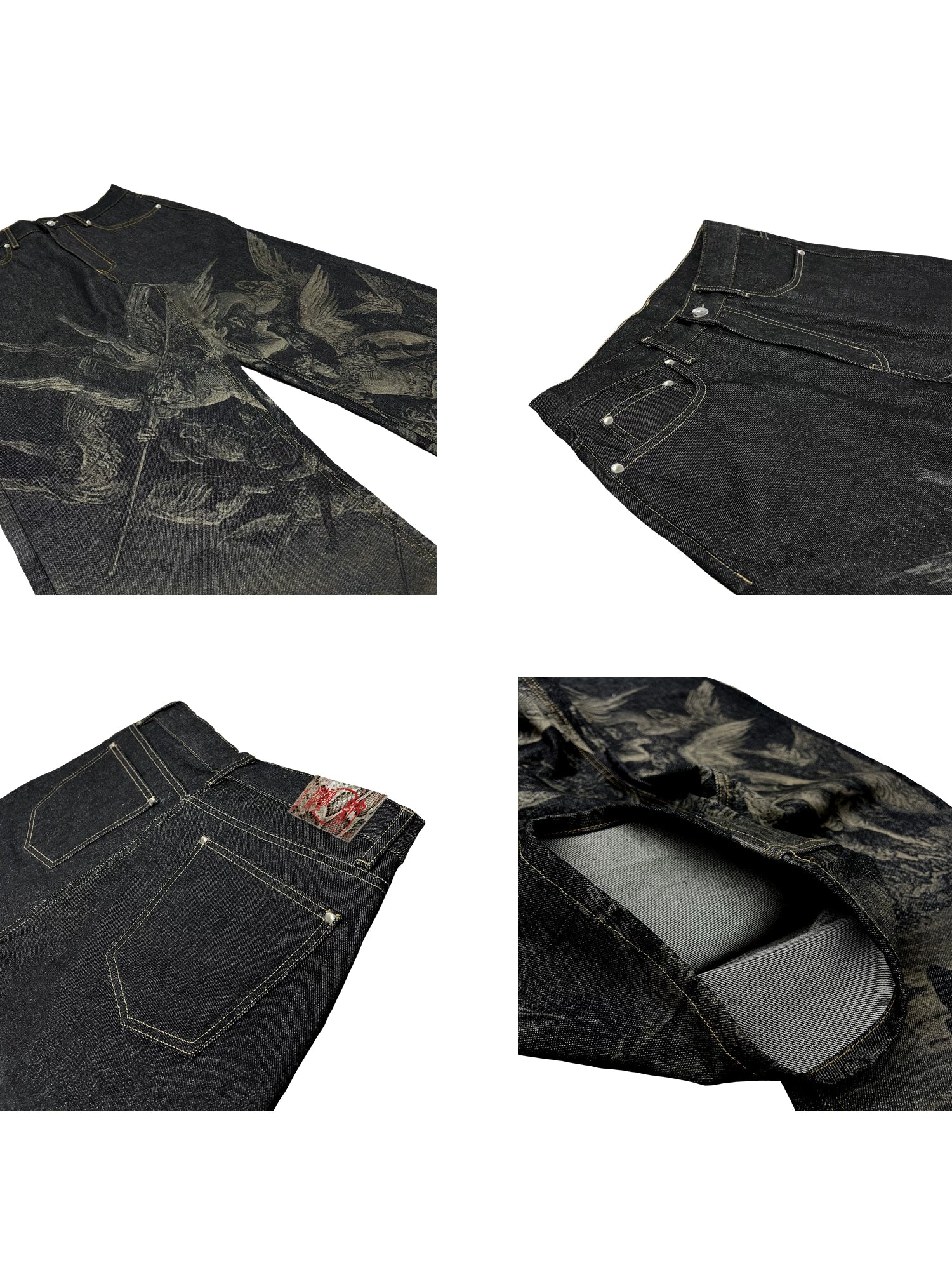 【26s May】Laser Burn Pattern Baggy Raw Denim Pants