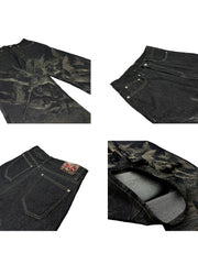 【26s May】Laser Burn Pattern Baggy Raw Denim Pants