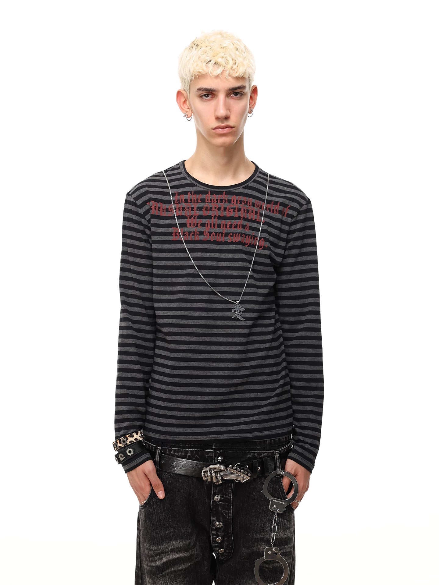 Gothic Letter Striped Long Sleeve Tee