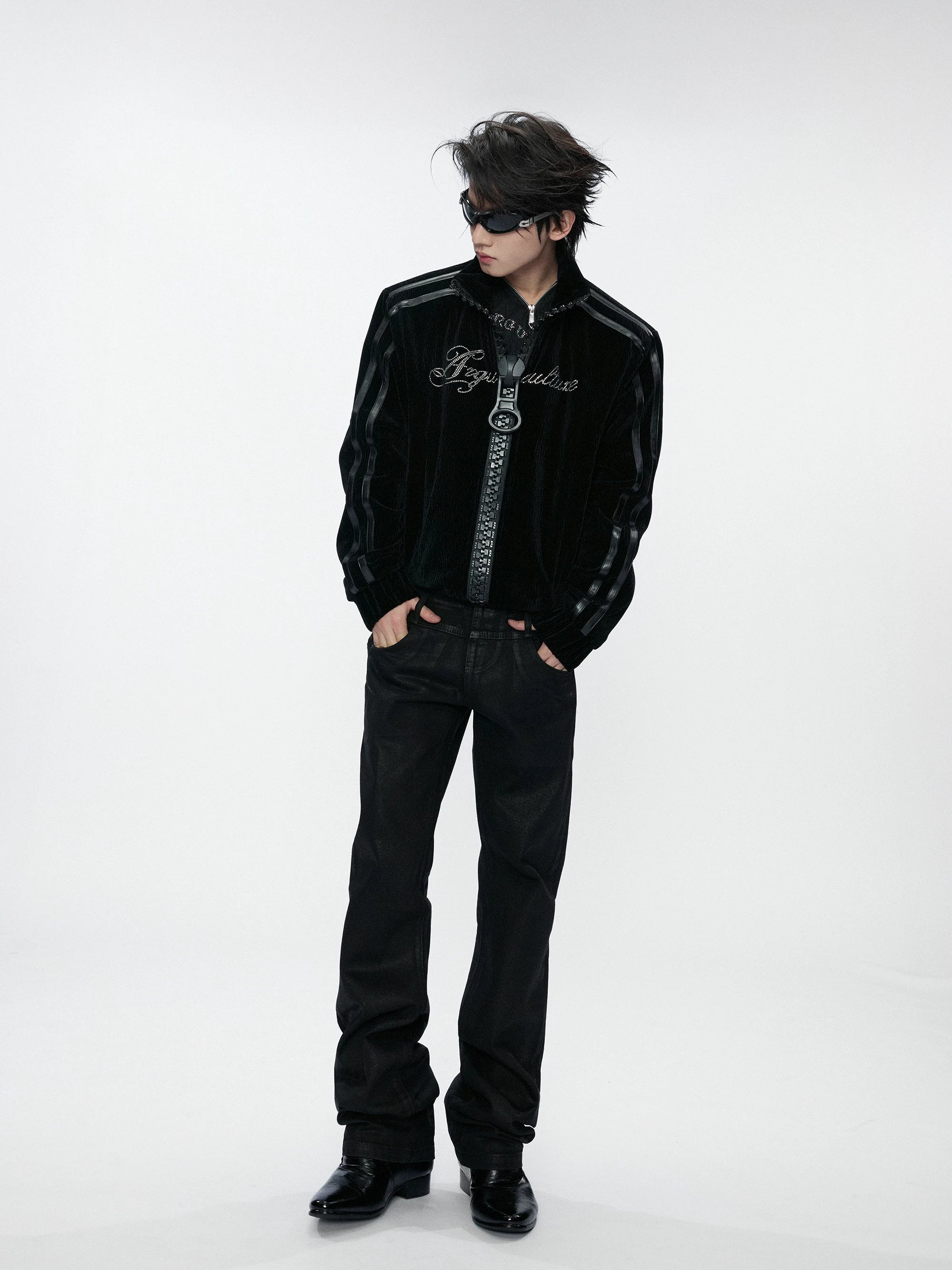 Wave Texture Rhinestone Moto Jacket