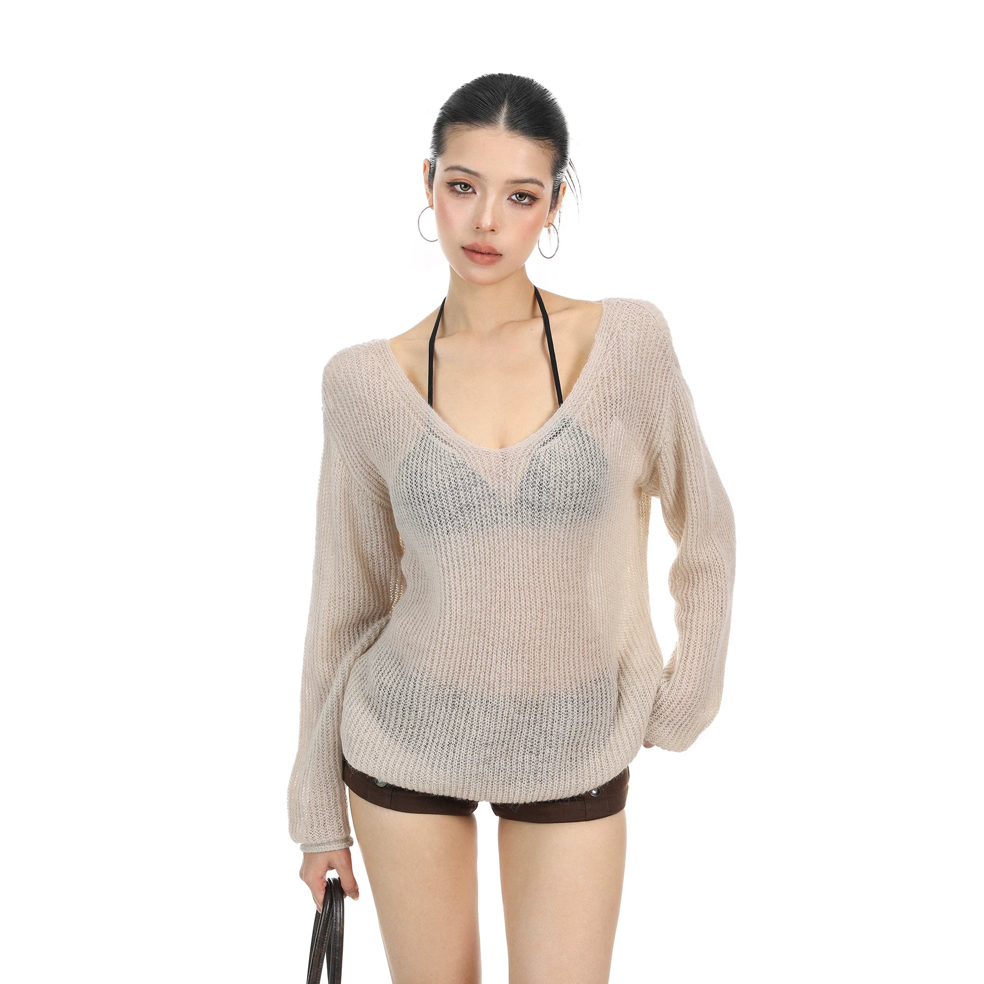 【26s May】Hollow V-Neck Sheer Knit Oversized Top