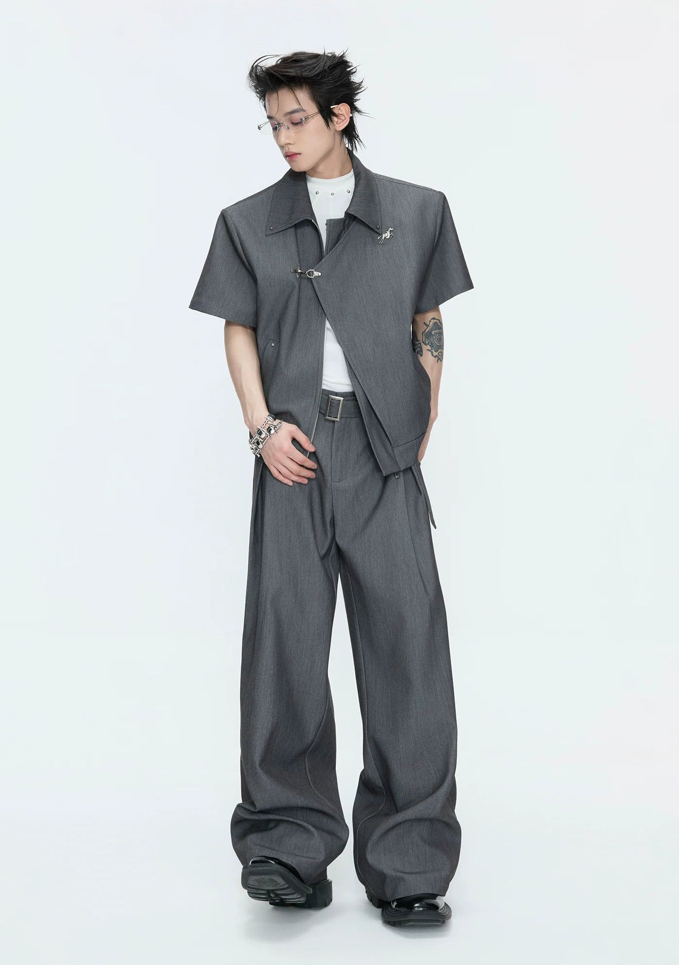 【26s May】Asymmetric Layered Cropped Shoulder Jacket Set
