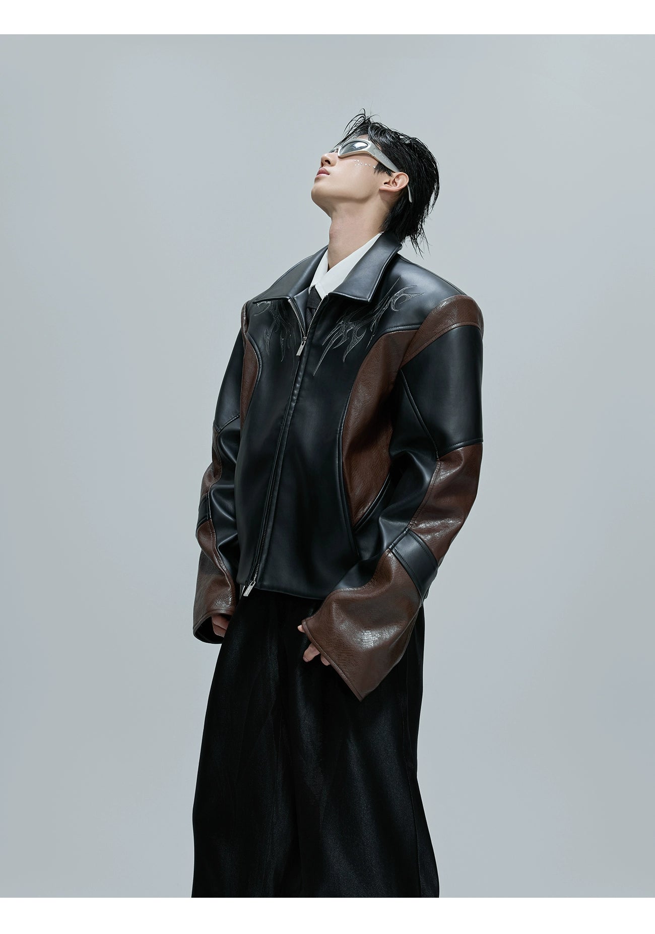 Embroidered Cropped Stand-up Collar Leather Jacket